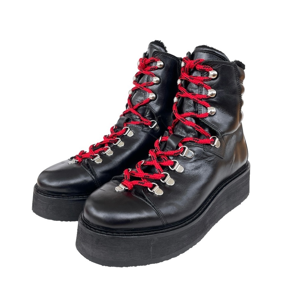 ALLSAINTS Fae Lace-Up Winter Hiker Boots, Black Leather, Red Laces, Wedge, EU 38